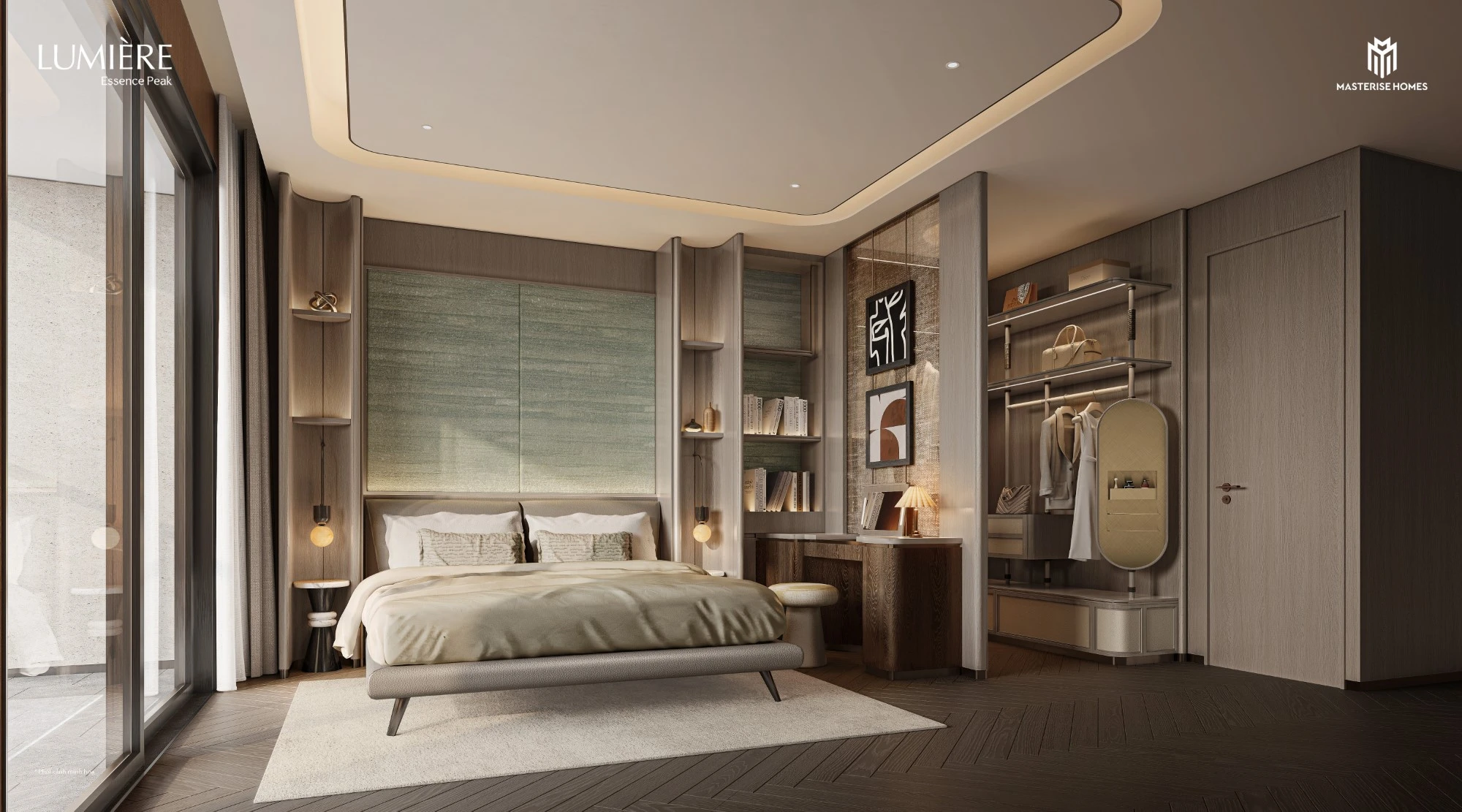 Phòng ngủ phụ có bàn làm việc, tủ mở và cửa kính lớn trong căn hộ 4 phòng ngủ LUMIÈRE Essence Peak.