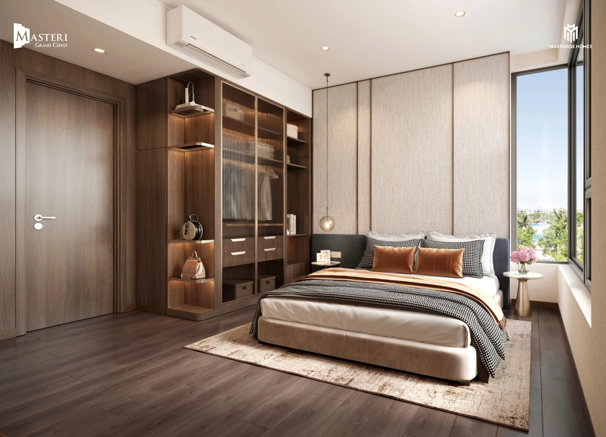 Hệ tủ kính và kệ mở hình thành vùng lưu trữ liền mạch trong phòng ngủ căn 2PN+.
