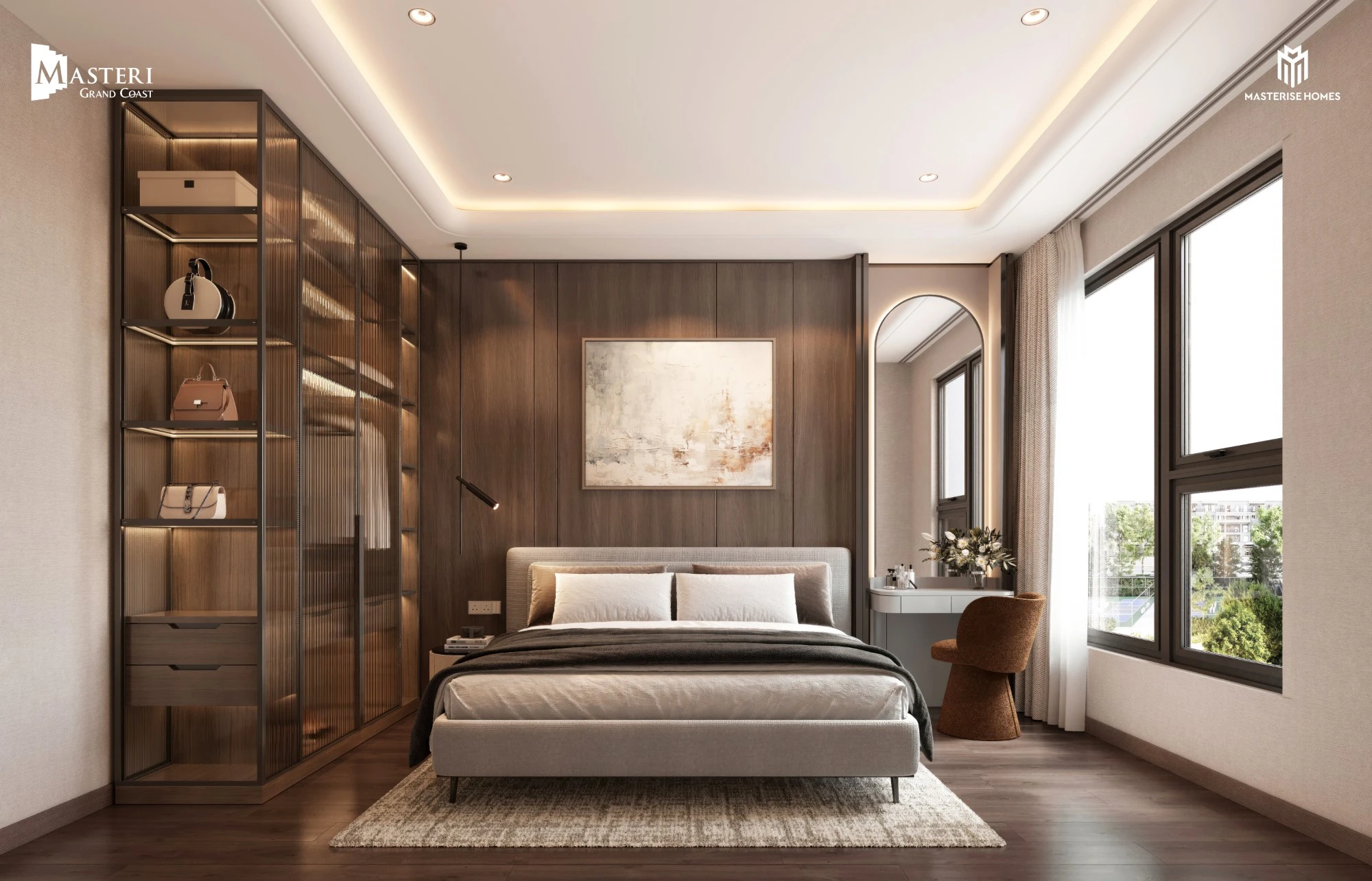 Hệ tủ lớn được cân bằng bằng khoảng cửa sổ và bàn trang điểm ở phía đối diện.