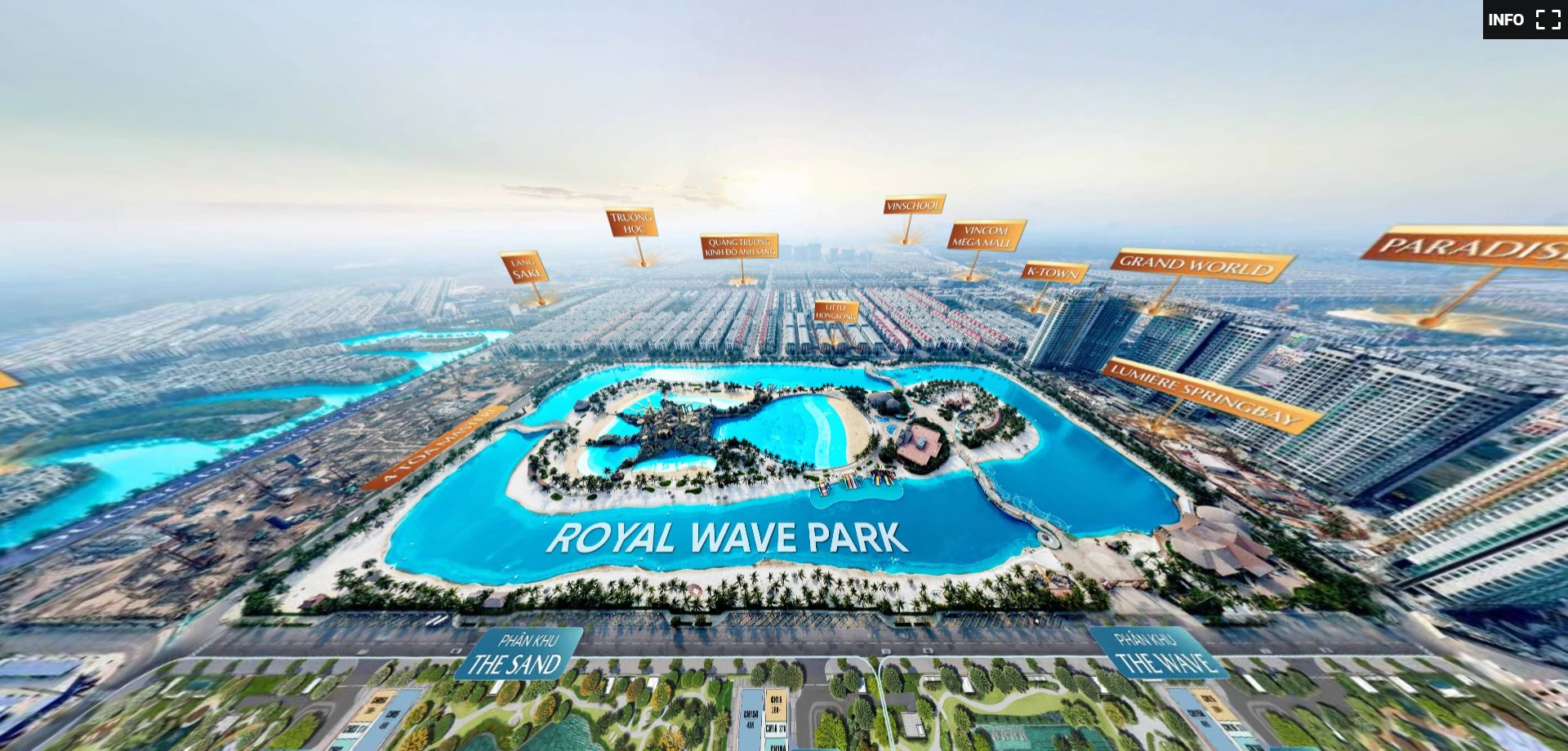 View 360 Masteri Grand Coast hướng hồ tạo sóng Wonder Wave Park từ trên cao