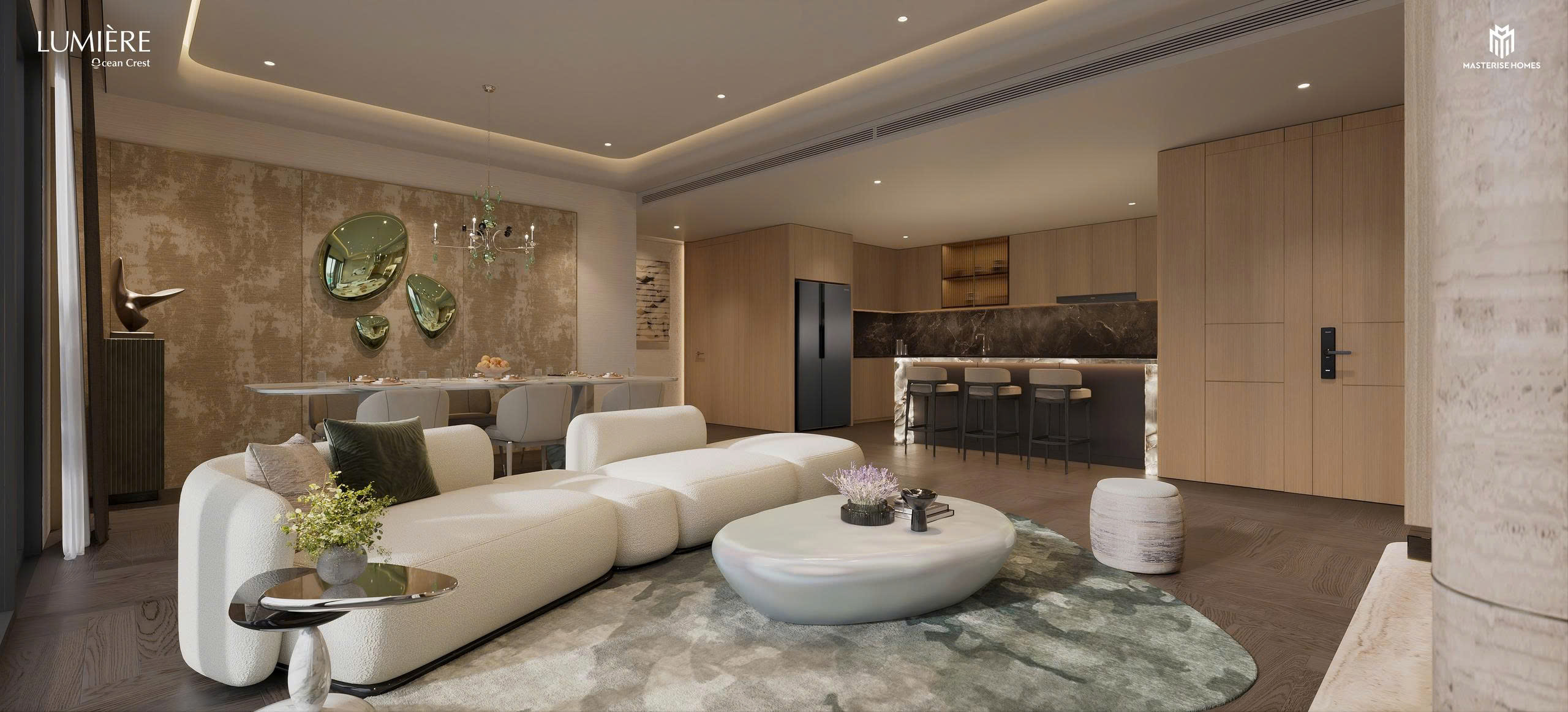 Không gian phòng khách nhà mẫu LUMIÈRE Ocean Crest sử dụng sofa và bàn trà bo tròn làm điểm nhấn.