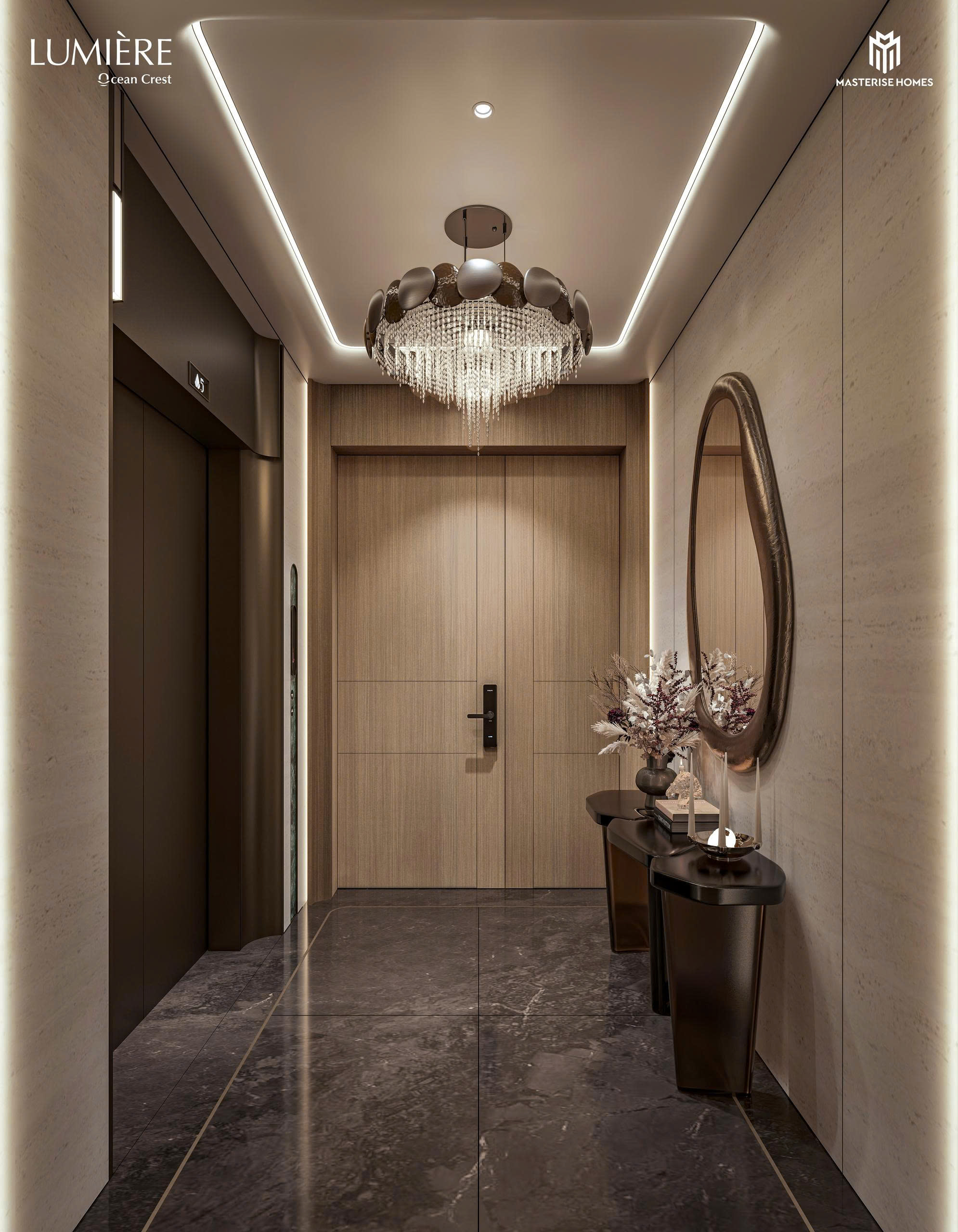 Sảnh thang máy riêng dành cho một số dòng căn hộ đặc biệt tại LUMIÈRE Ocean Crest.