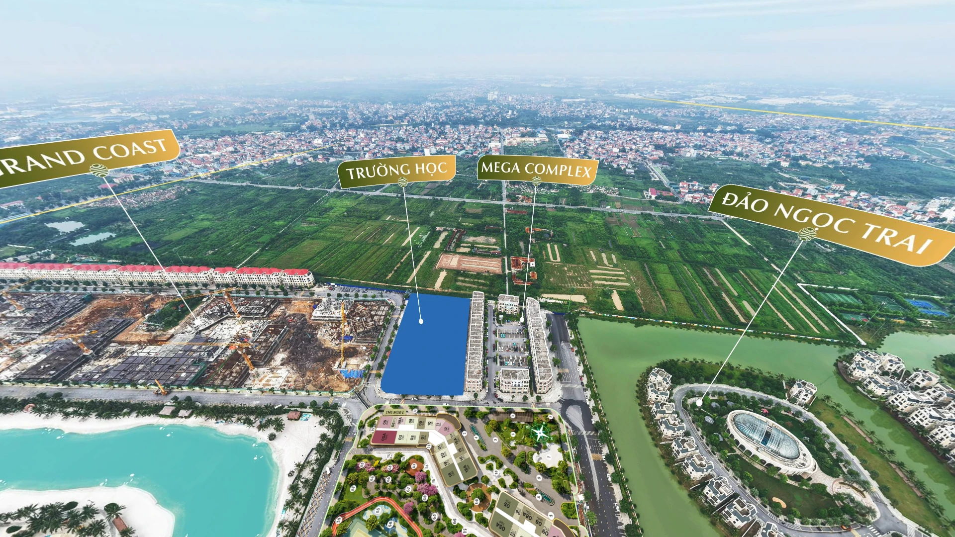 Vị trí LUMIÈRE Ocean Crest trong mối liên kết với Mega Complex, trường học và khu căn hộ Grand Coast.